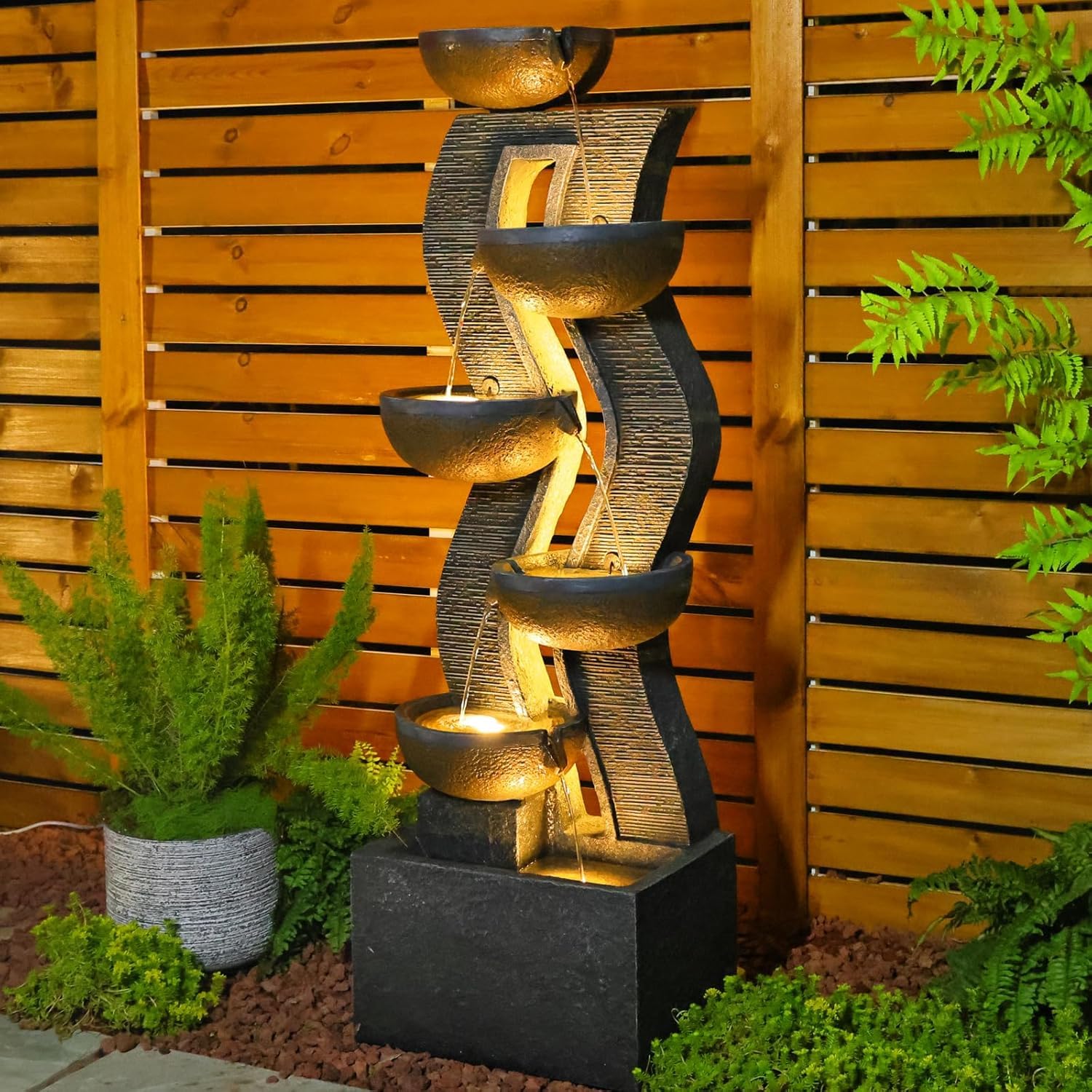 6-Tier Water Fountains Outdoor - 52.8 Inch Large Patio Waterfall with Lights, Garden