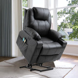 Power Lift Chair Electric Recliner for Elderly Heated Vibration Massage Faux Leather Recliner Chair with 2 Remote Controls, Cup Holders, Side Pockets & USB Ports for Living Room (Black)