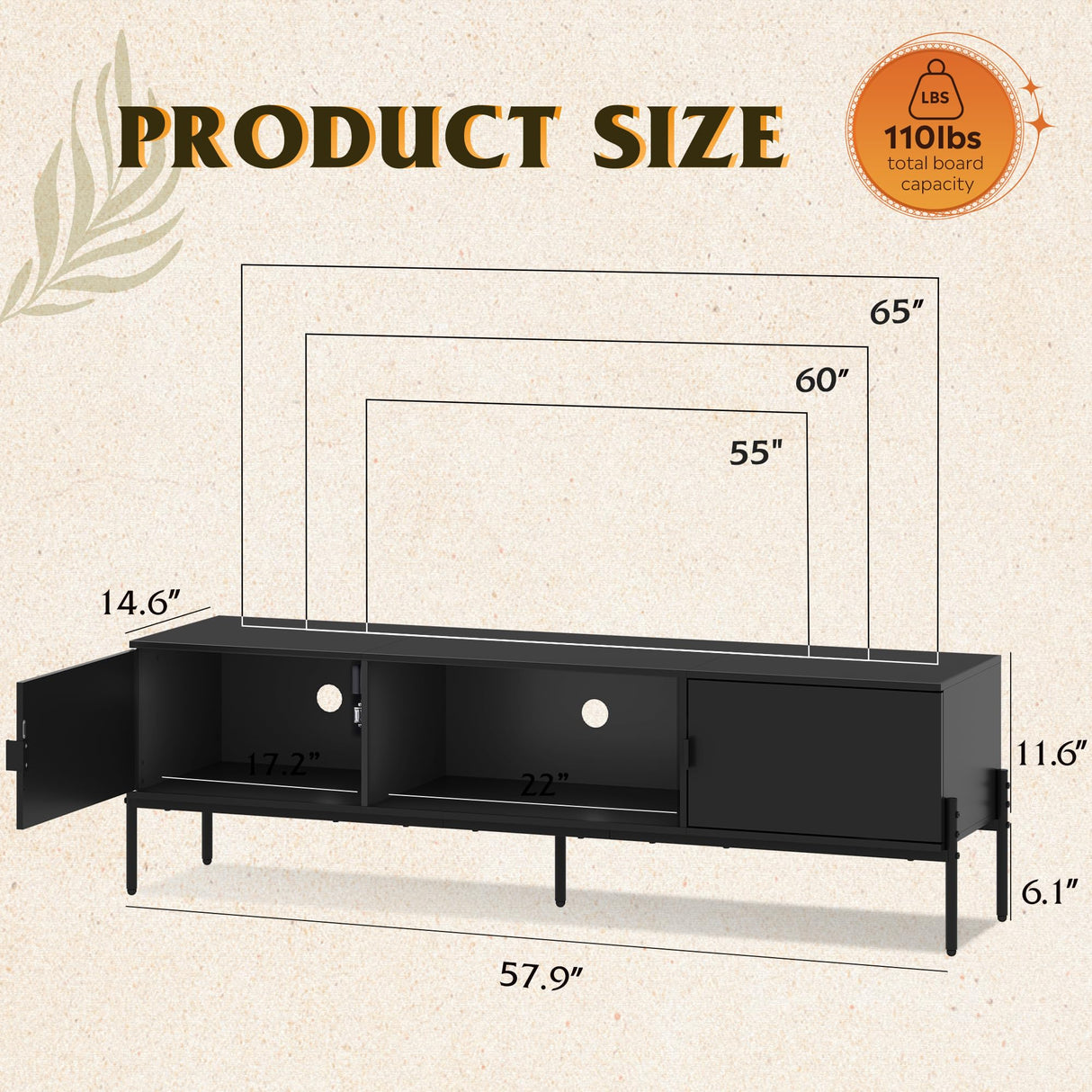 Modern TV Stand for 65 Inch TV, Mid Century Entainment Center with Storage