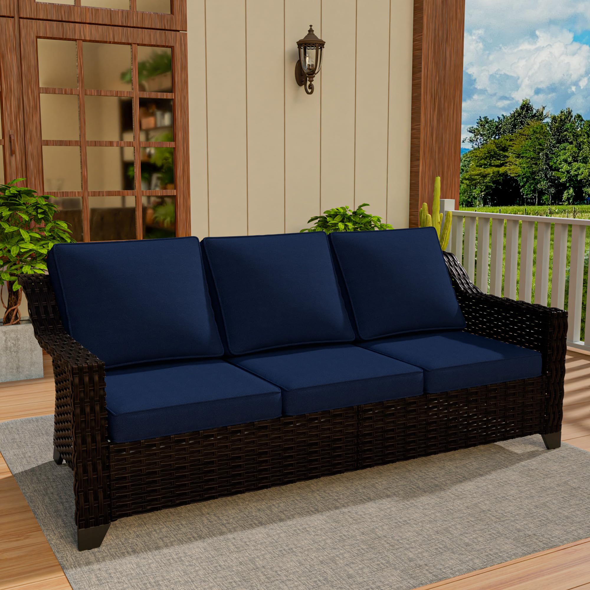 78" Patio Wicker 3-seat Sofa, Deep Seat & Upholstered Loveseat