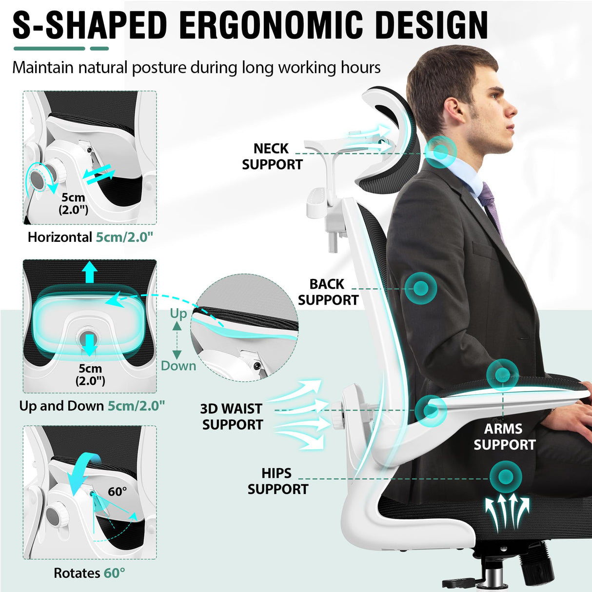 Office Chair, Ergonomic Office Chair with 3D Lumbar Support 3D Headrest, Comfy High