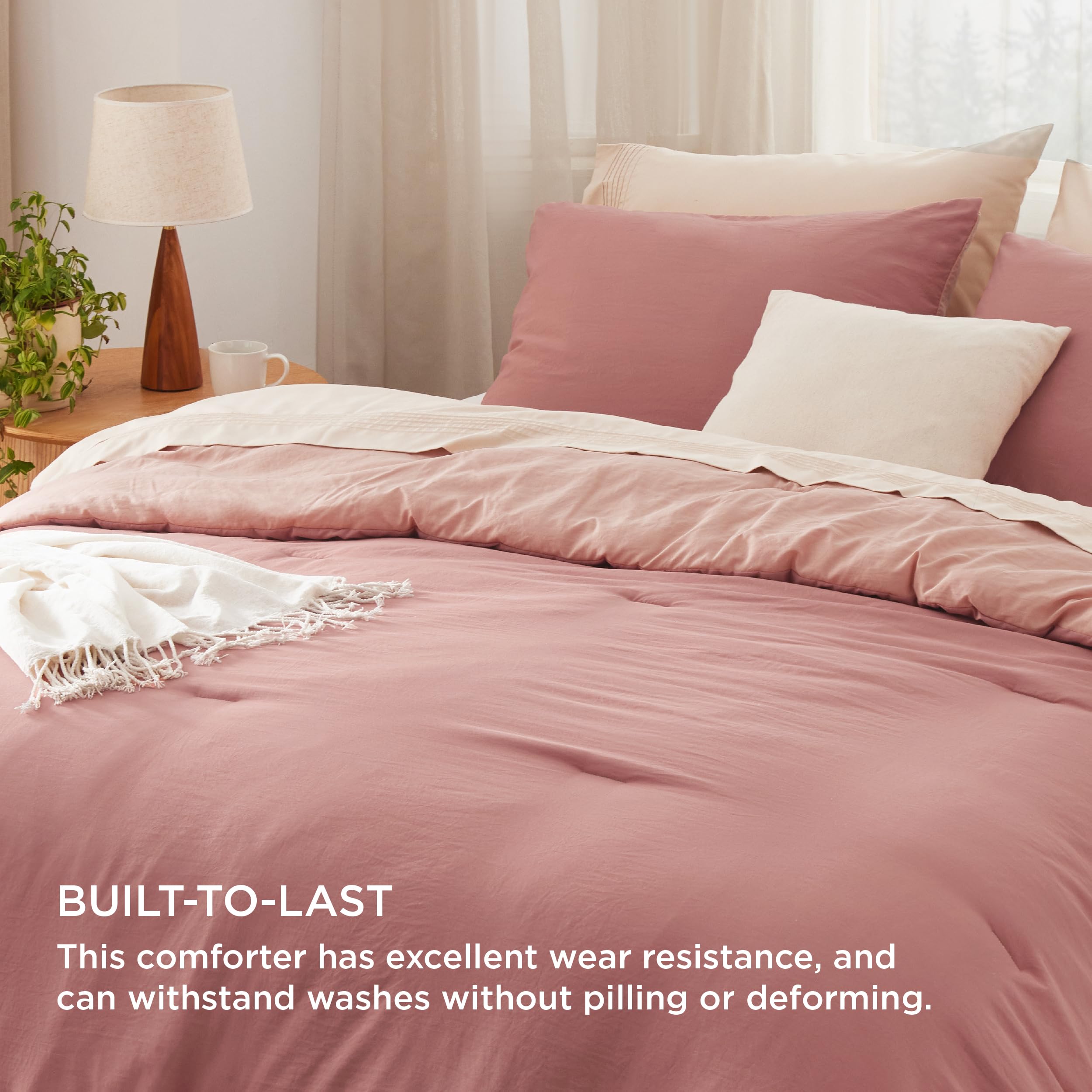 Queen Size Comforter Set - Reversible Pink Clay Soft Prewashed Bedding 3 Pieces