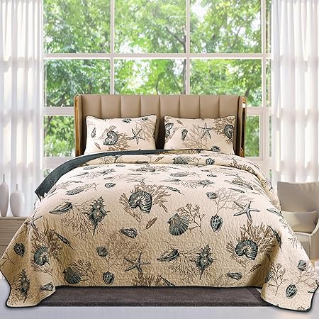 Blue Shell Tread Design 3 Piece Comforter Quilt Bedspeads Sets Queen