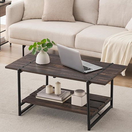 2-Tier Modern Industrial 41'' Large Wood Coffee Table with Storage Shelf