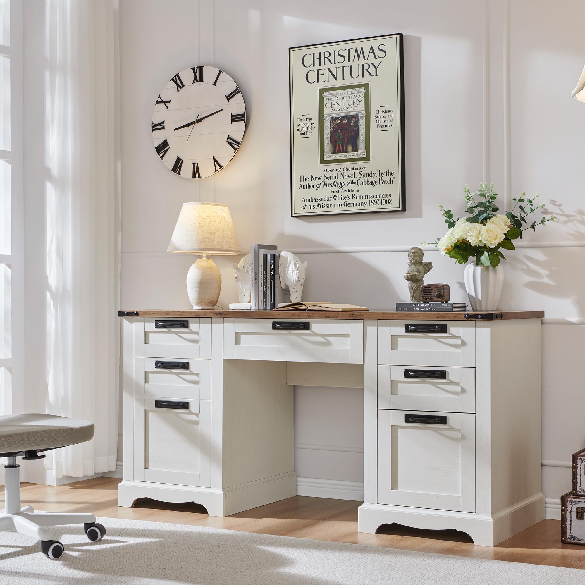60" Farmhouse Executive Desk with Drawers, Wood Home Office Desk w/Charging Station