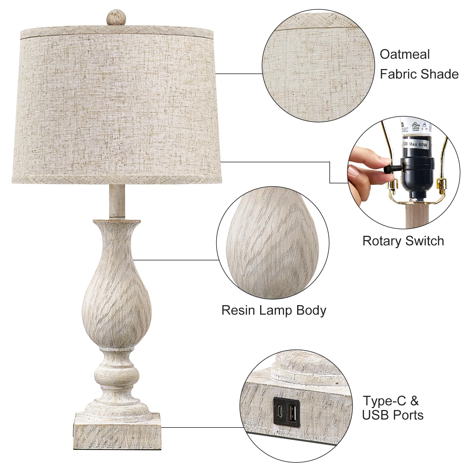 Farmhouse Table Lamp Set of 2 with USB Ports - 28" Vintage Bedside Lamps