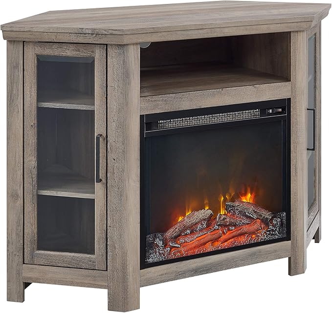 Classic Glass Door Fireplace Corner TV Stand for TVs up to 55 Inches, 48 Inch, White Oa