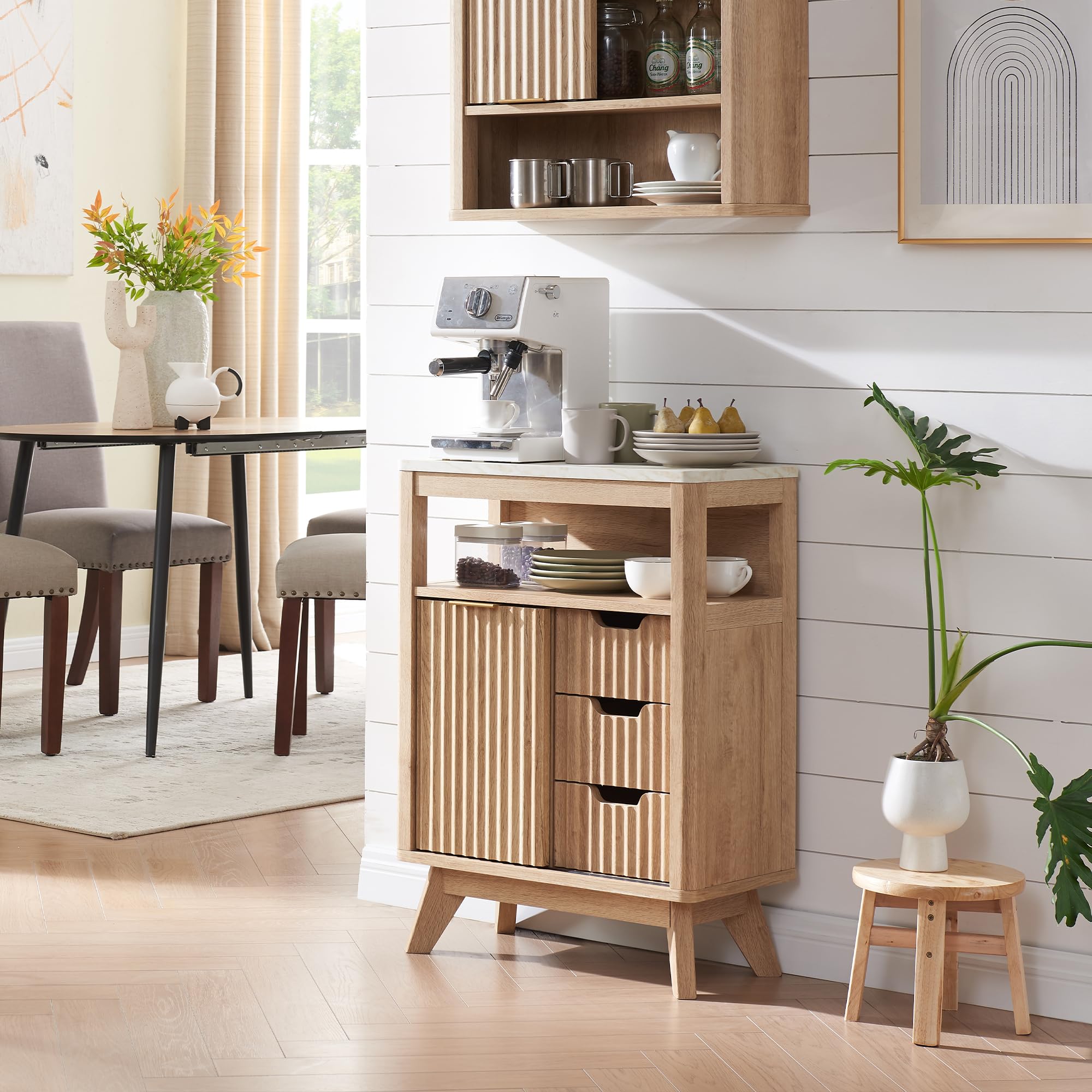 Bathroom Floor Cabinet with Sliding Door, Modern Fluted 3 Drawers Storage Organizer