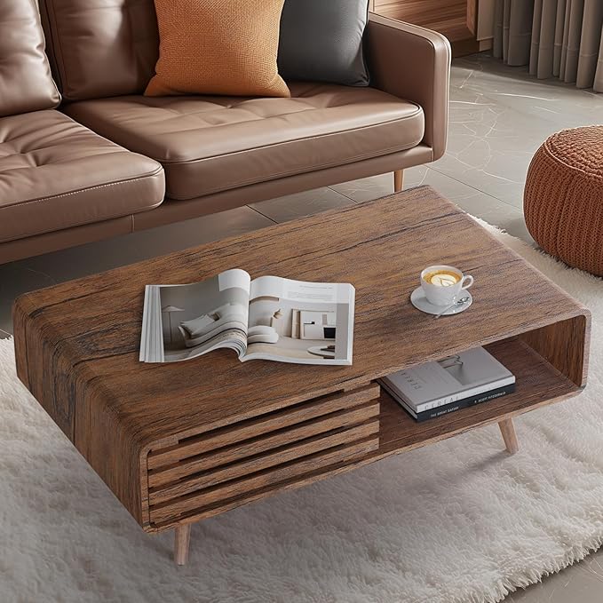 Coffee Table with Storage, Mid Century Modern Coffee Table for Living Room