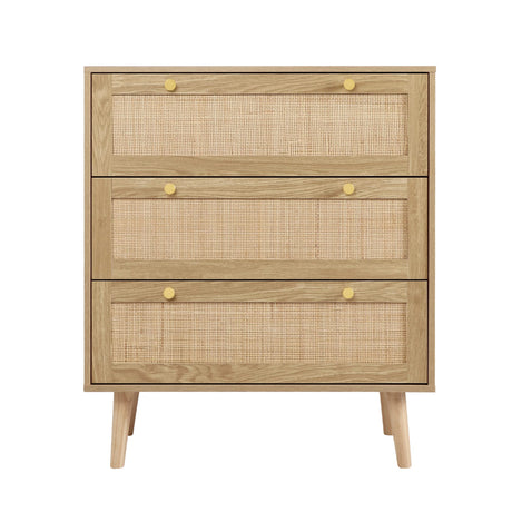 3 Drawer Dresser for Bedroom, Rattan Dresser Modern Wood Chest of Drawers