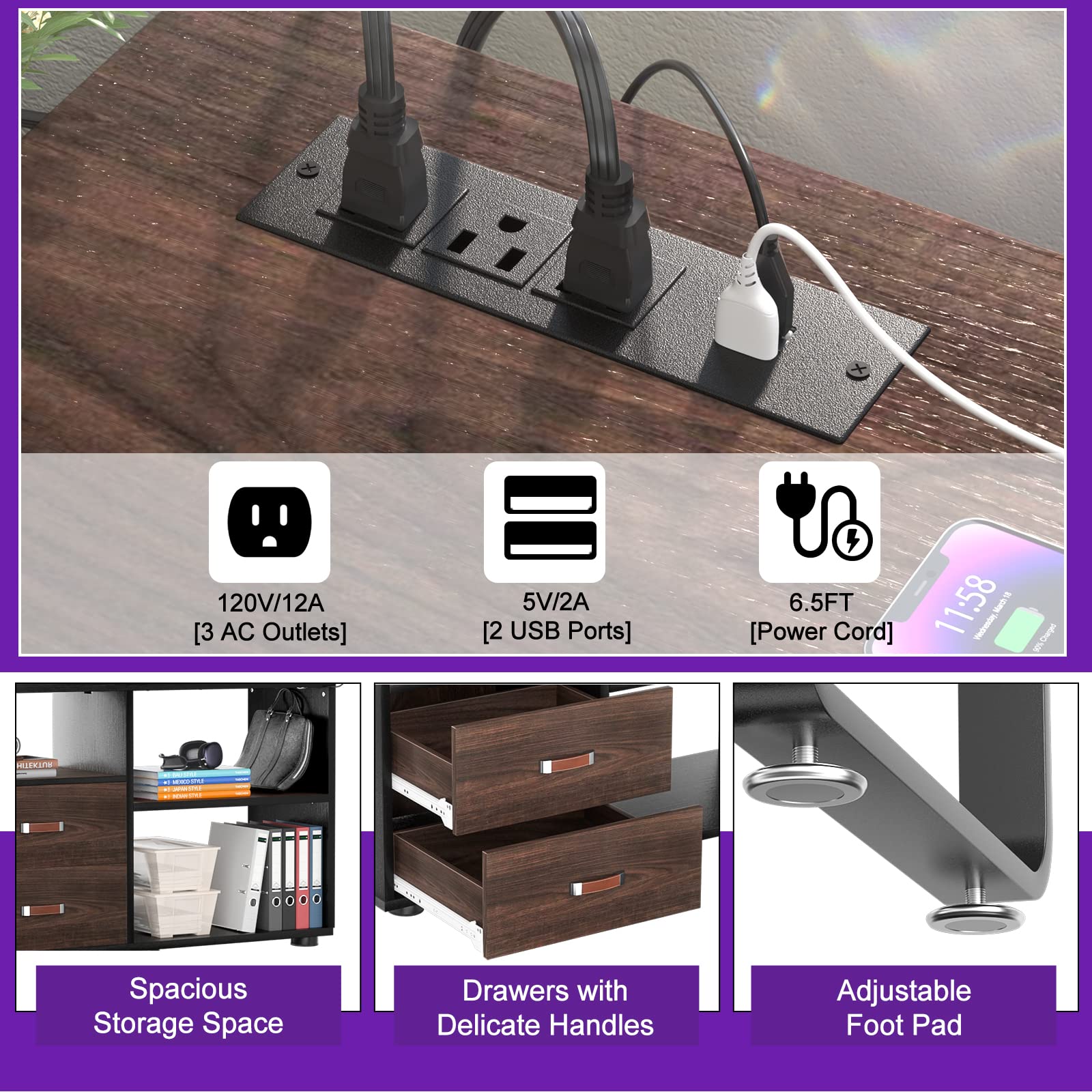 HomeEase 55-Inch L-Shaped Desk with File Cabinet, Power Outlet & Reversible Design