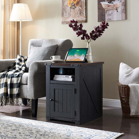 Farmhouse End Table with Charging Station, 20" Nightstand w/Groove Barn Door