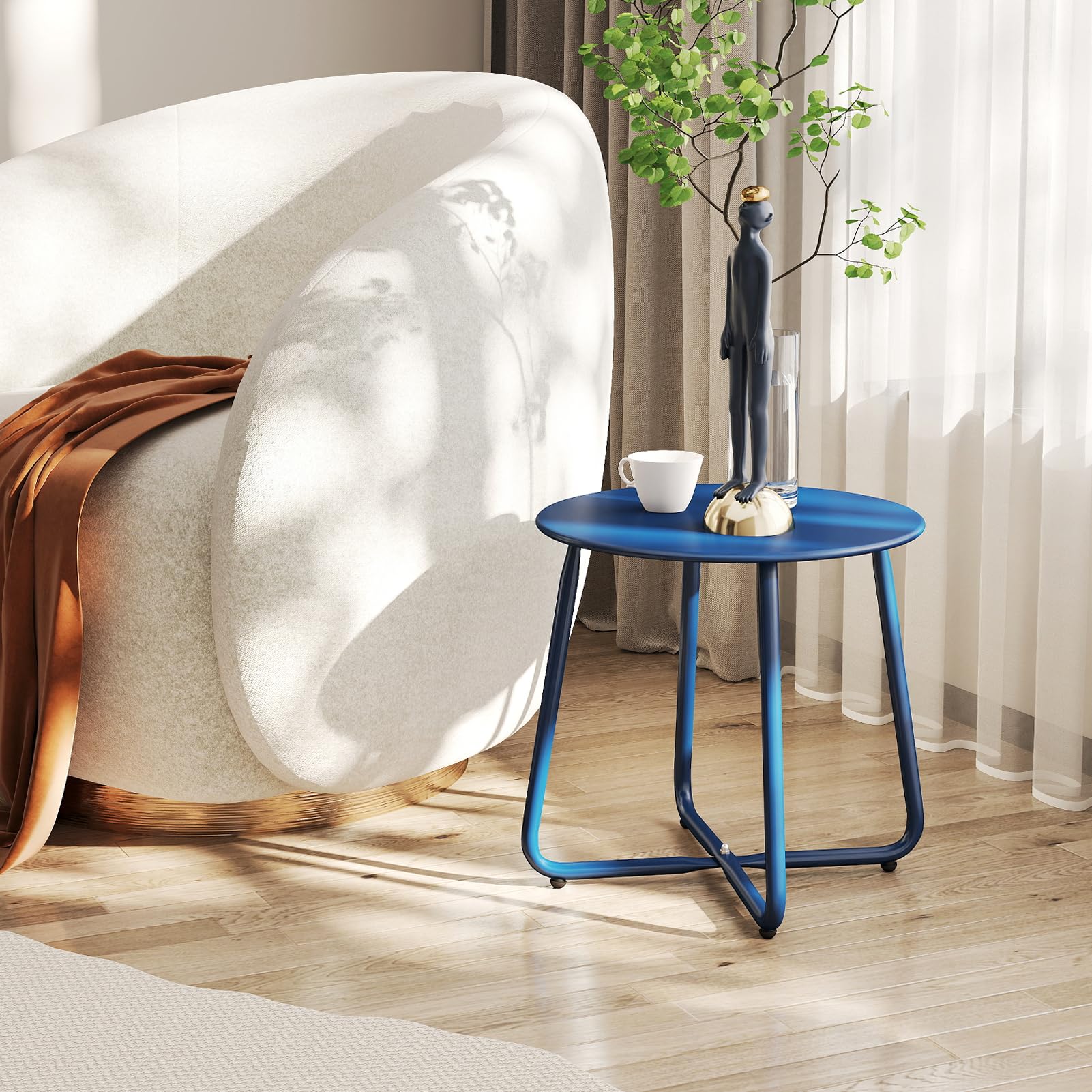 HollyHOME Round Metal Side Table, Rust - Resistant Patio Small Plant Stand, Outdoor 17.32'' Portable End Table for Balconies, Gardens, Living Rooms and Bedrooms, Navy Blue - Bircata