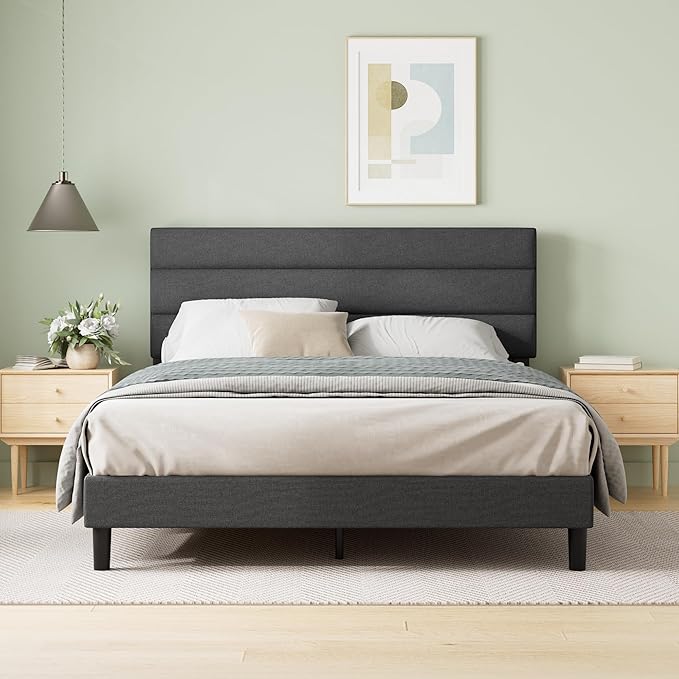 ZBed Frame with Asymmetric Headboard, Durable Wooden Slats, Sturdy Framework, Noise Free Sleep, No Box Spring Needed, Easy Assembly, Eco Friendly Packaging, Dark Grey