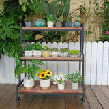 Rustic Plant Stand with Wheels 37“ H, Rolling Plant Shelves Rack Indoor Outdoor,Metal Plant Stand