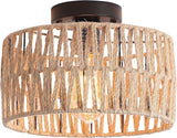 Coastal Black Woven Flush Mount Light Fixture Rustic Industrial Hemp Rope Round Flush