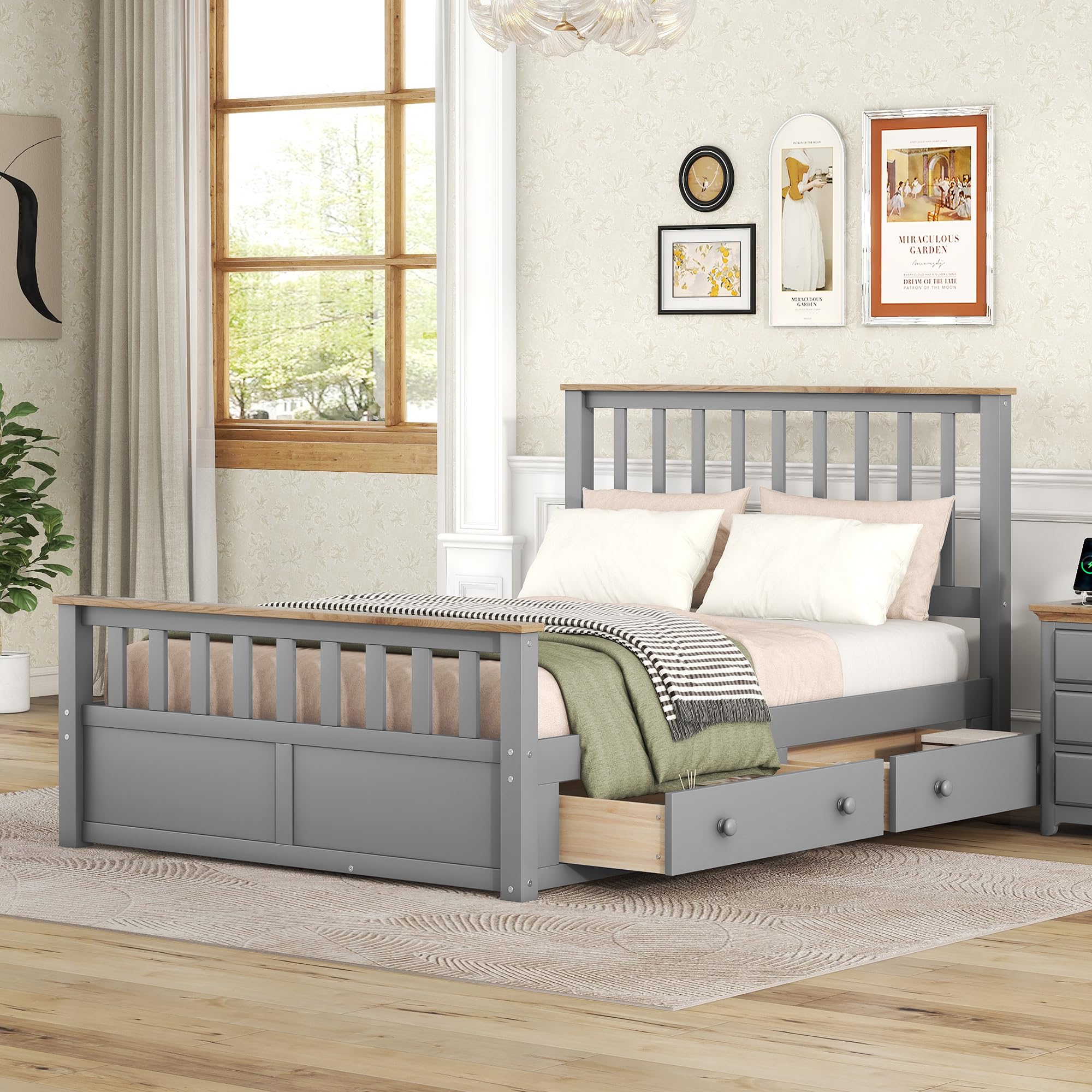 3-Pieces Bedroom Furniture Sets, Bedroom Sets Storage Full Size Platform Bed with Nightstand