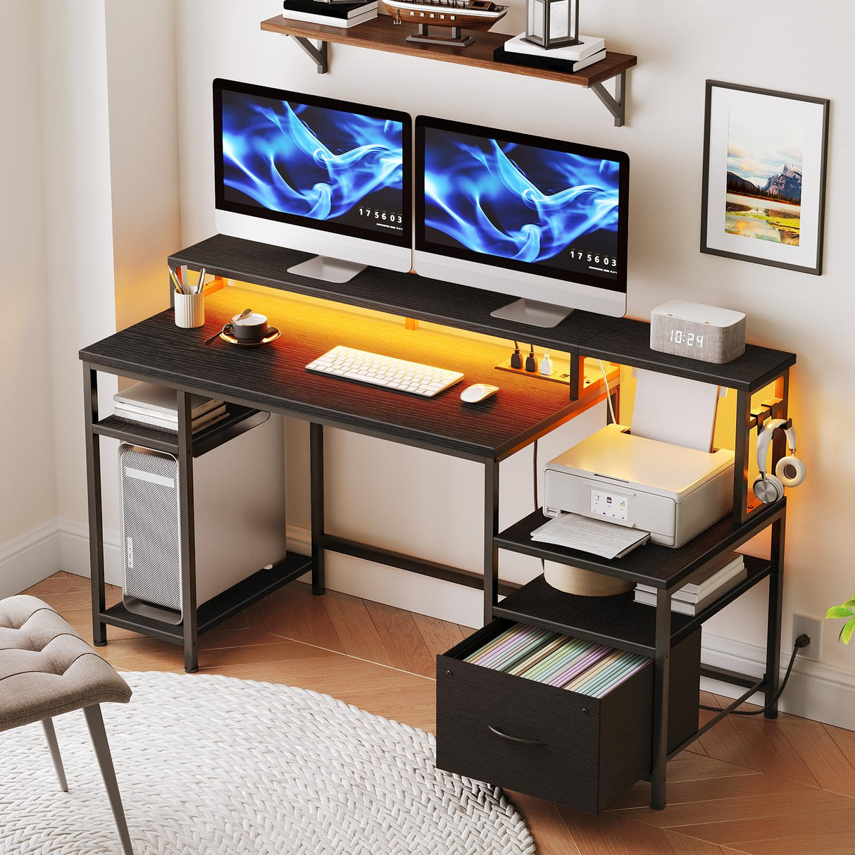 55" Computer Desk with Fabric File Drawers, Gaming Desk with Power Outlet and LED Strip, Home Office Desk with Monitor Stand and 2 Hooks for Home Office, Bedroom, Black BB46UDDN01