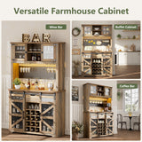 Farmhouse Coffee Bar Cabinet with Power Outlet, LED Light, 13 Storage Shelves