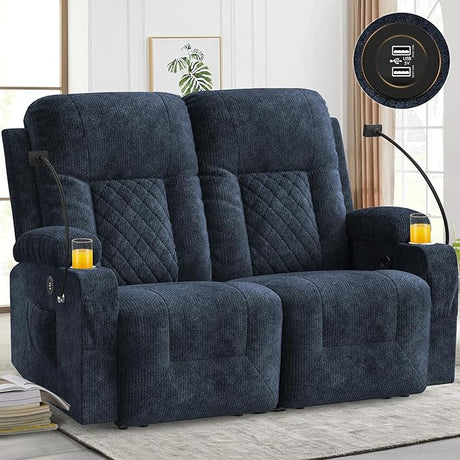 Loveseat Recliner Sofa, 2 Seater Reclining Loveseat Sofa, PU Leather Recliner Loveseat Couch, Modern Recliner Chair for Living Room, with Cup Holder and 2 Cell Phone Holder, USB Ports, Black