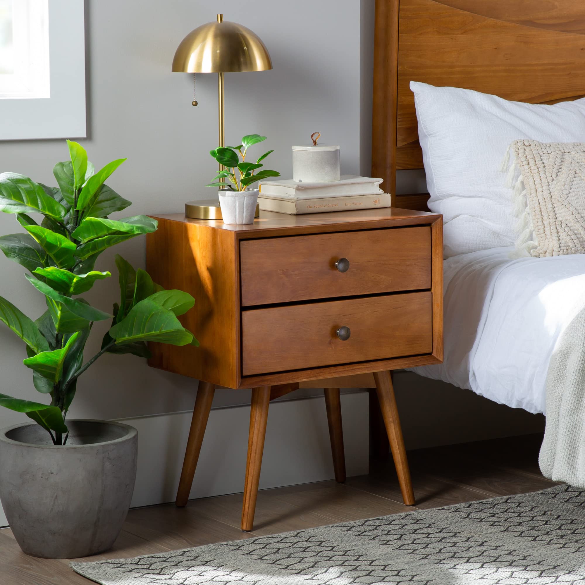 Mid-Century Modern 2-Drawer Solid Wood Nightstands Caramel Finish