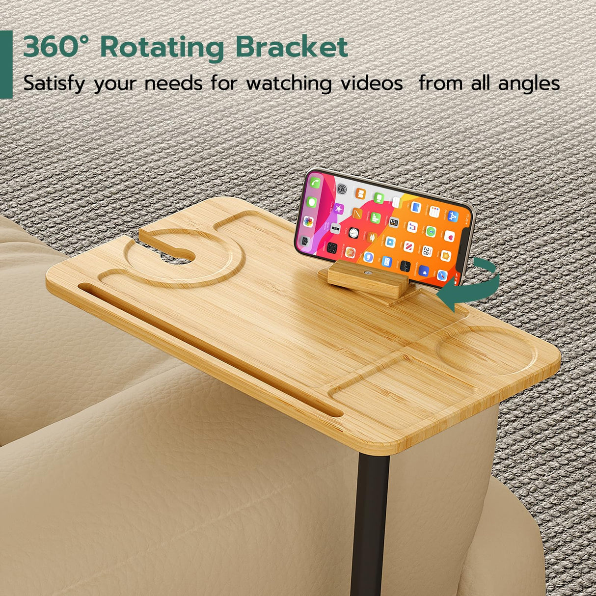 Sofa Tray Table for Couch Arm, Side Table with 360° Rotating Phone Holder