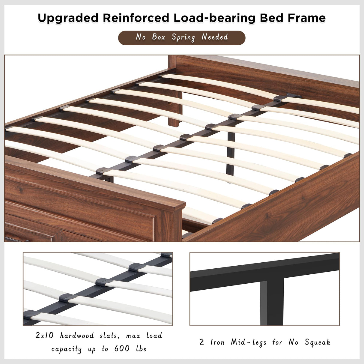 Farmhouse Queen Size Bed Frame with 52" Tall Full-Panel Headboard & Footboard