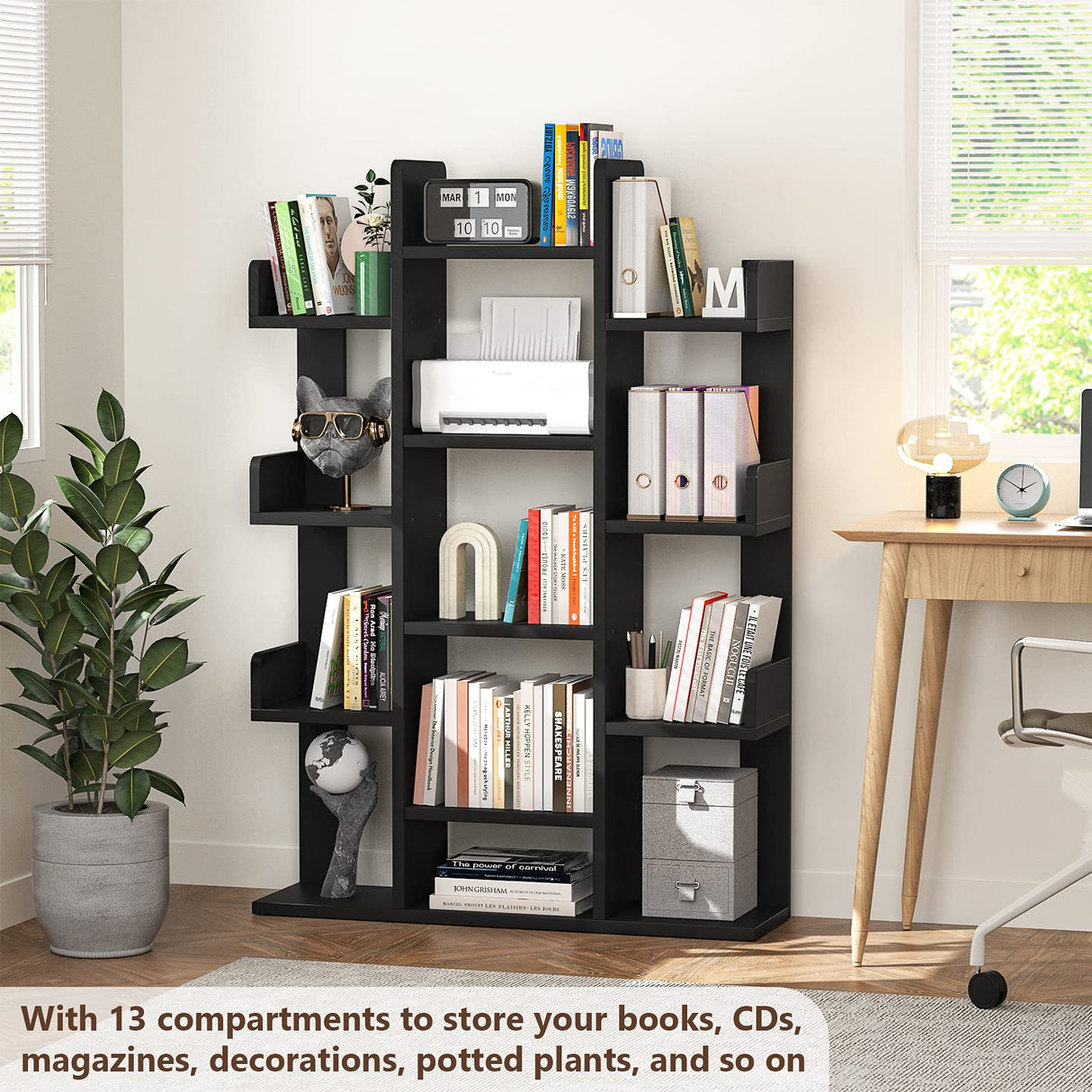 Tree-Shaped Bookcase Storage Shelf with 13 compartments, Books Organizer Display Cube Shelves, Industrial Free Floor Standing Wood Open Bookshelves, Black
