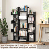 Tree-Shaped Bookcase Storage Shelf with 13 compartments, Books Organizer Display Cube Shelves, Industrial Free Floor Standing Wood Open Bookshelves, Black