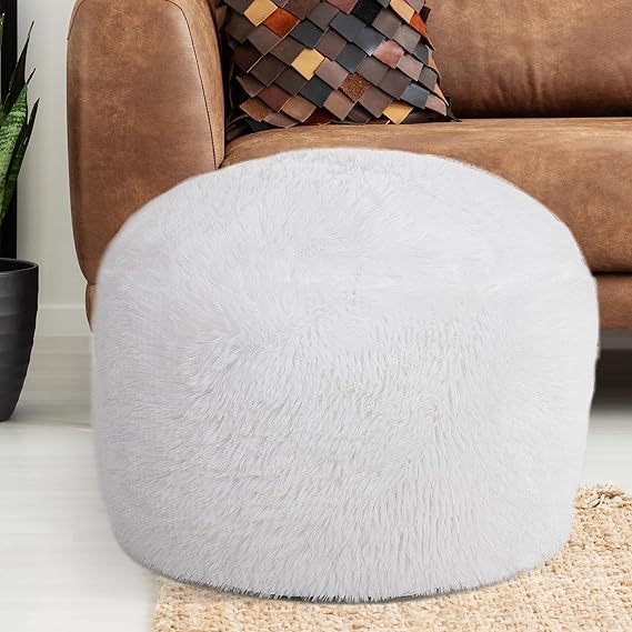 Fluffy Pouf Ottoman with Down-Alternative Filling, Stuffed Round Faux Fur Pouf