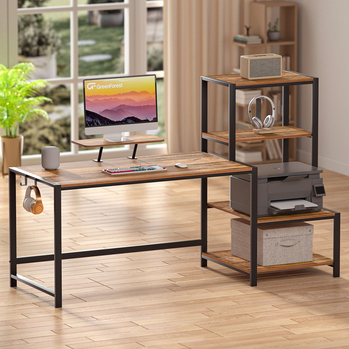 Office Desk 58 inch with Printer Shelf, Reversible Computer Desk with Movable Monitor