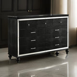 9 Drawer Wooden Dresser with Embossed Texture and Mirror Accents, Black