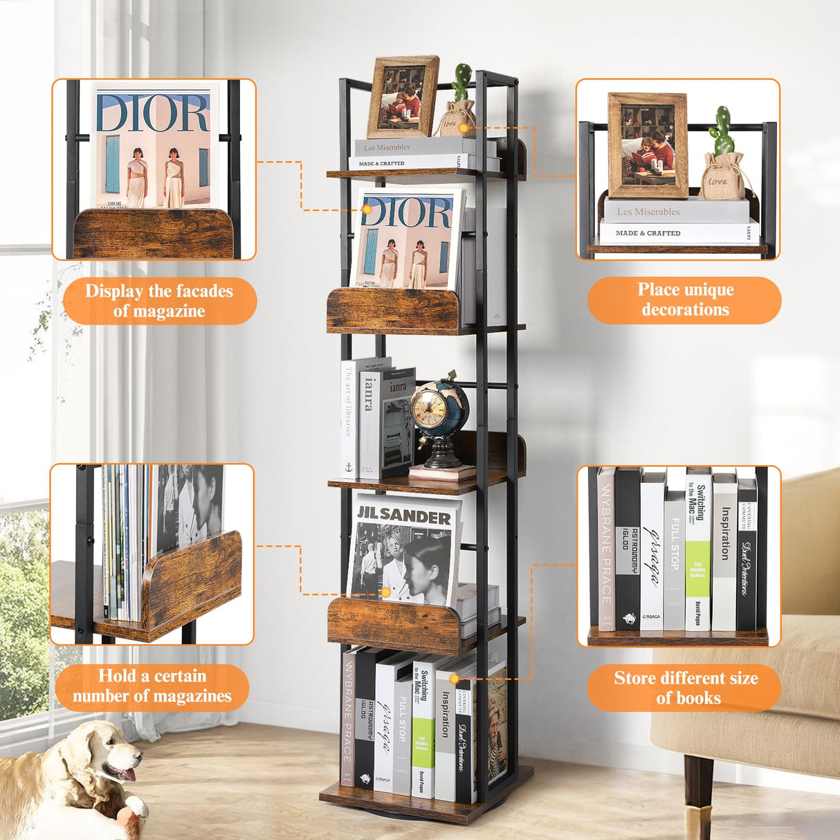 Bookshelves 5-Tier, Rotating Bookshelf Tower for Corner,