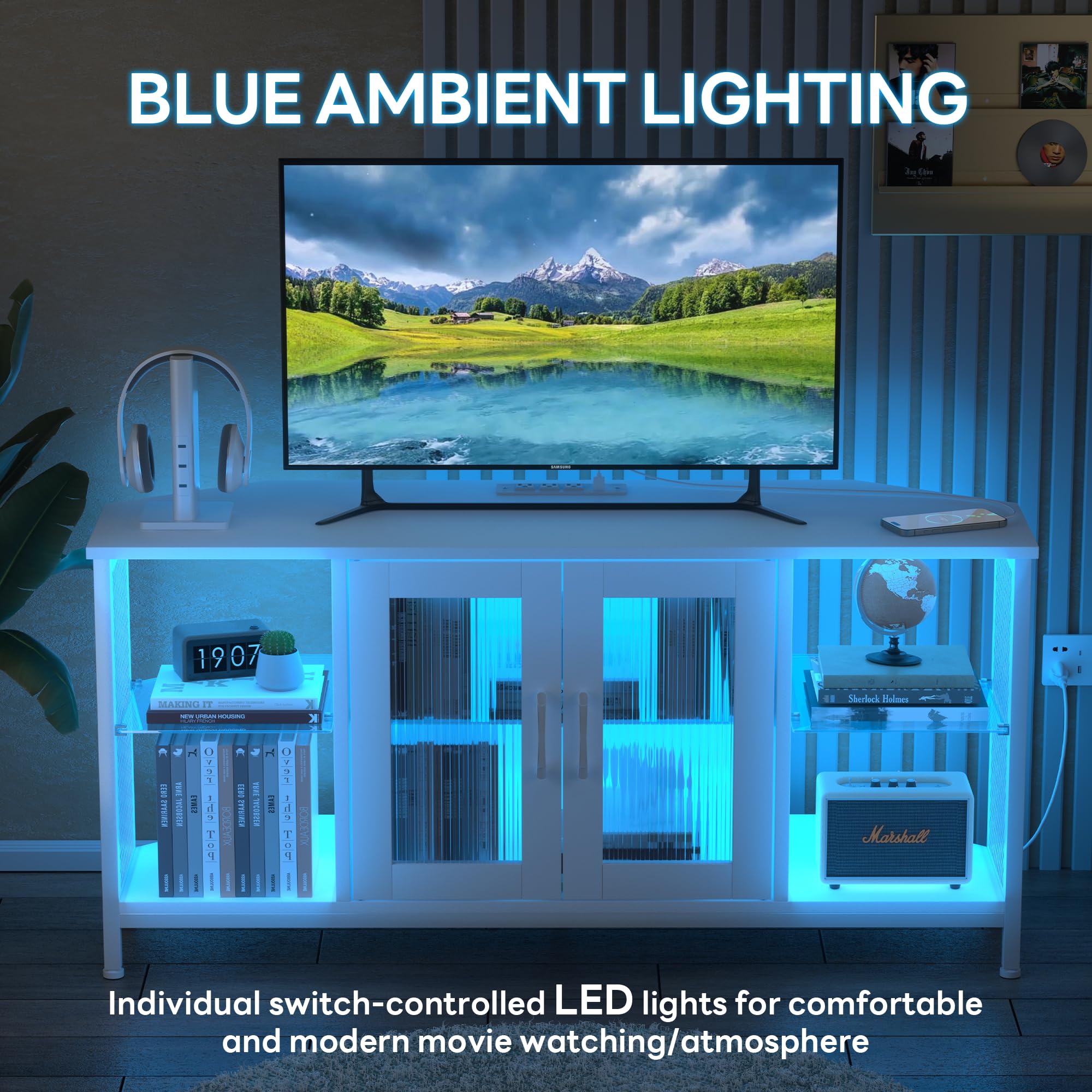 46-Inch TV Stand with LED Lights & Glass Storage