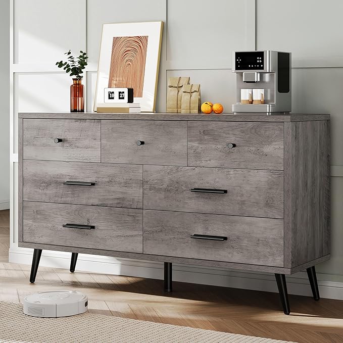 Dark Rustic Oak 7 Drawer Dresser, 47" W Large Double Dresser Chest of Drawers