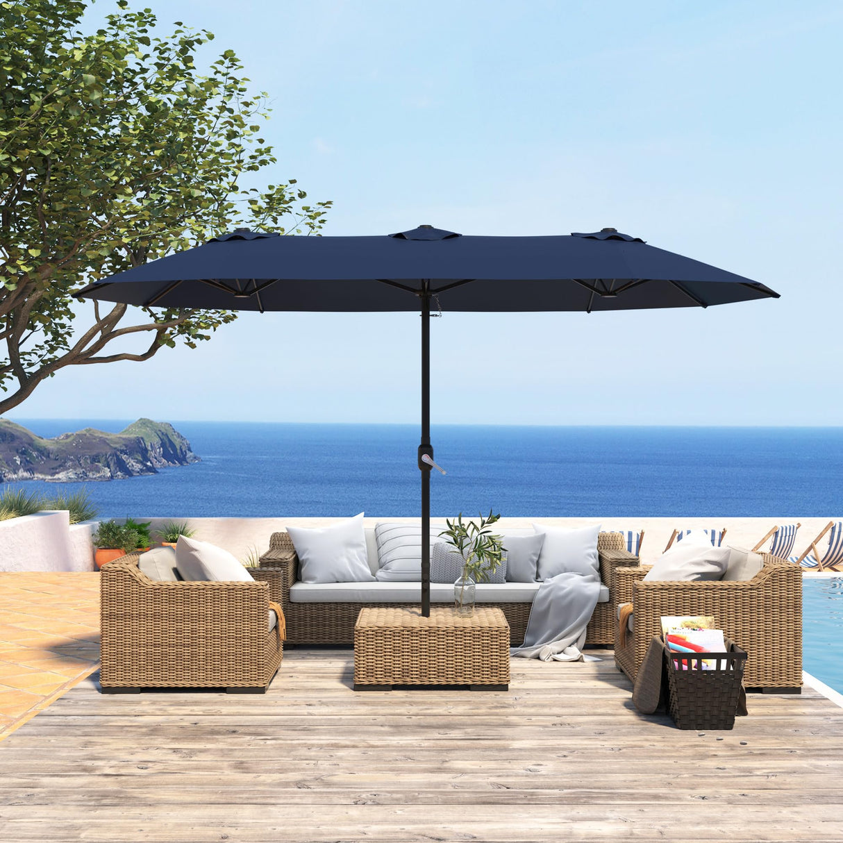 15ft Patio Umbrella with Base,Large Outdoor Double-Sided Rectangle Umbrella