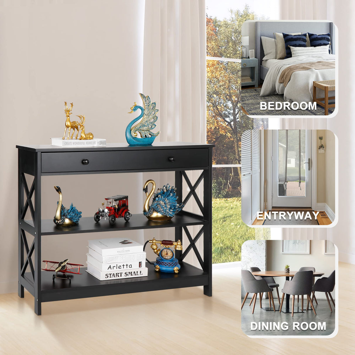 Wood Console Table 3 Tier Sofa Table with Drawer and Storage Shelves Narrow Entryway