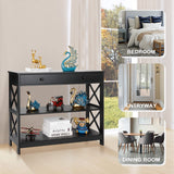 Wood Console Table 3 Tier Sofa Table with Drawer and Storage Shelves Narrow Entryway