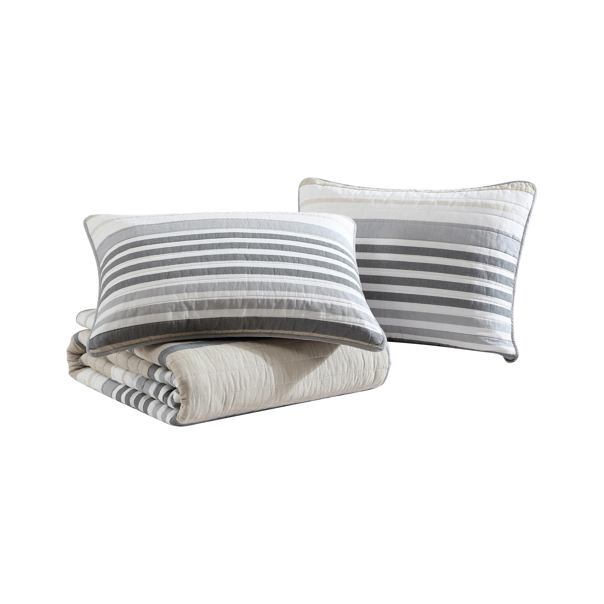 Dover Beige Queen Quilt Set - Reversible Cotton Bedding with Matching Shams