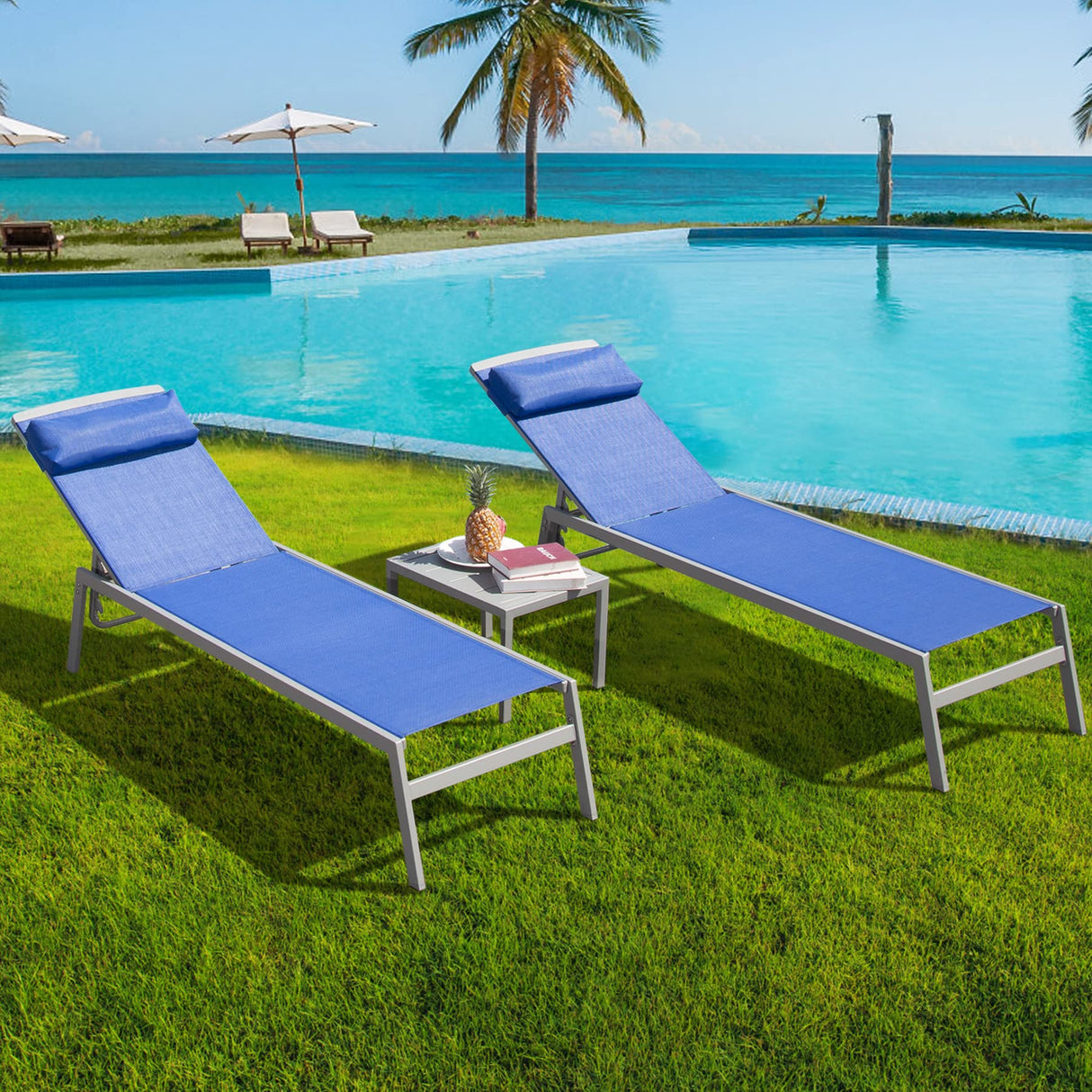 Patio Chaise Lounge Set, Aluminum Pool Lounge Chairs with 5 Adjustable Position