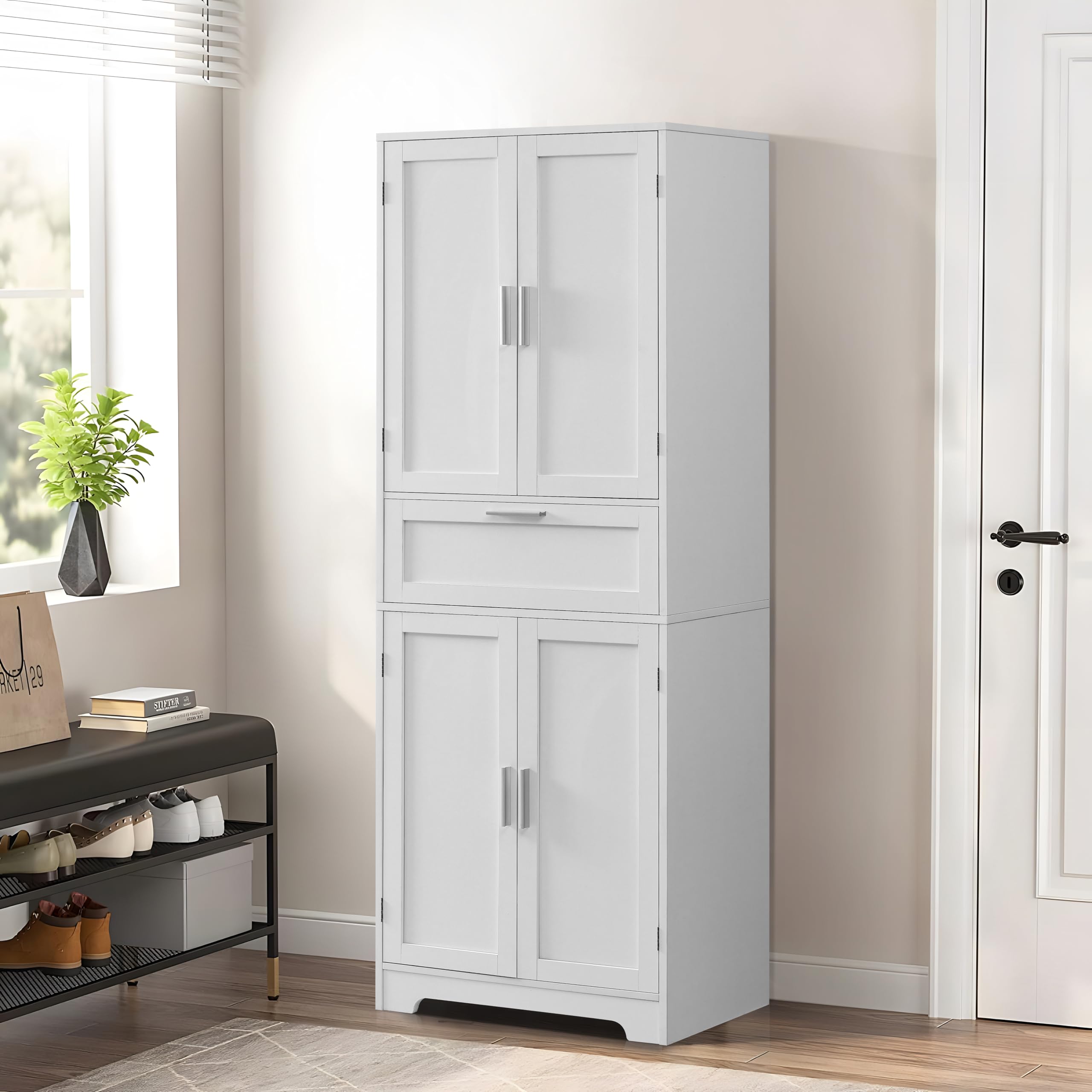 H Tall Storage Cabinet, Pantry Cabinet with 1 Large Drawer & 2 Adjustable Shelves,Tall Cabinet, Freestanding Cupboard