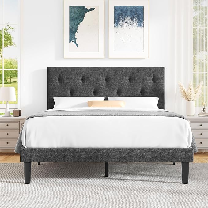 Queen Size Platform Bed Frame with Fabric Headboard, Strong Wooden Slats,