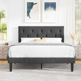 Queen Size Platform Bed Frame with Fabric Headboard, Strong Wooden Slats,