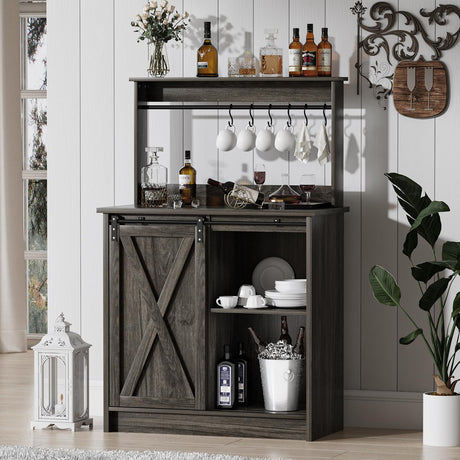 Farmhouse Coffee Bar Cabinet with Storage, Gray Coffee Bar with 6 Hooks