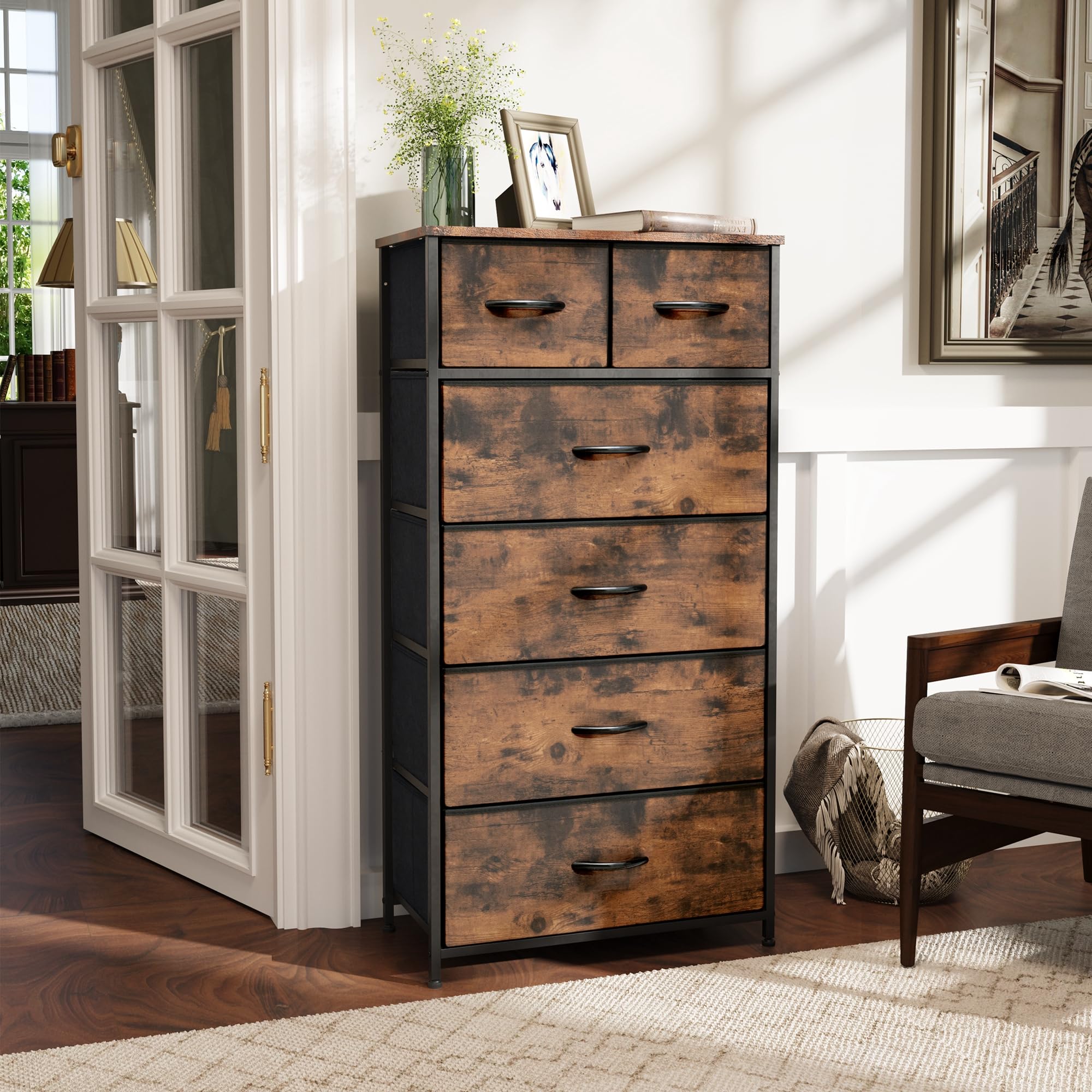 Fabric Dresser for Bedroom, Tall Skinny Dresser with 6 Drawers, Storage Organizer Tower