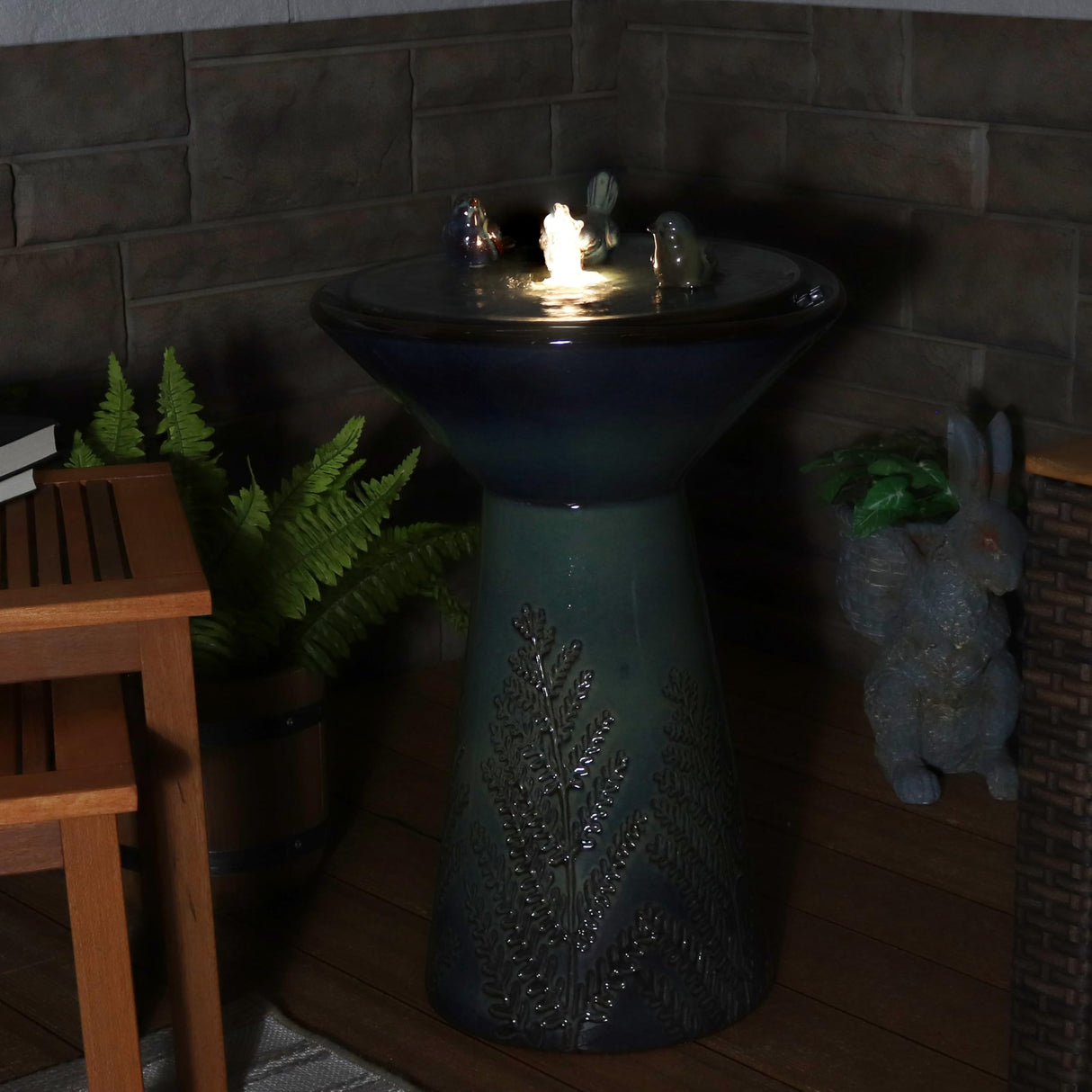 Gathering Birds 28-Inch Outdoor Garden Fountain - Outdoor Water Feature with LED Lights