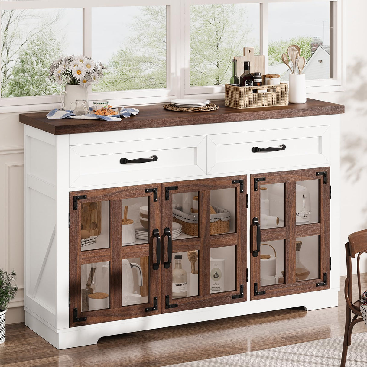 Farmhouse Buffet Cabinet with Storage, 53" Large Kitchen Cabinet with 2 Drawers