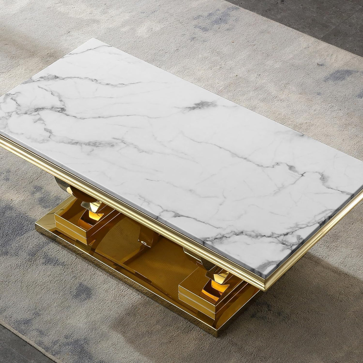 47 inch White Marble Coffee Table with Mirrored Stainless Steel Metal Legs