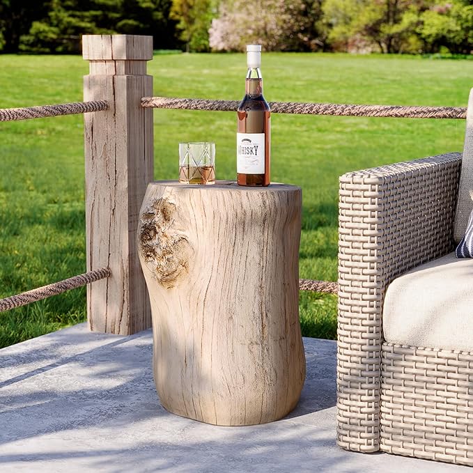 Concrete Outdoor Side TableSet of 2, 2 Piece Tree Stump Modern Round Coffee Table Accent Table