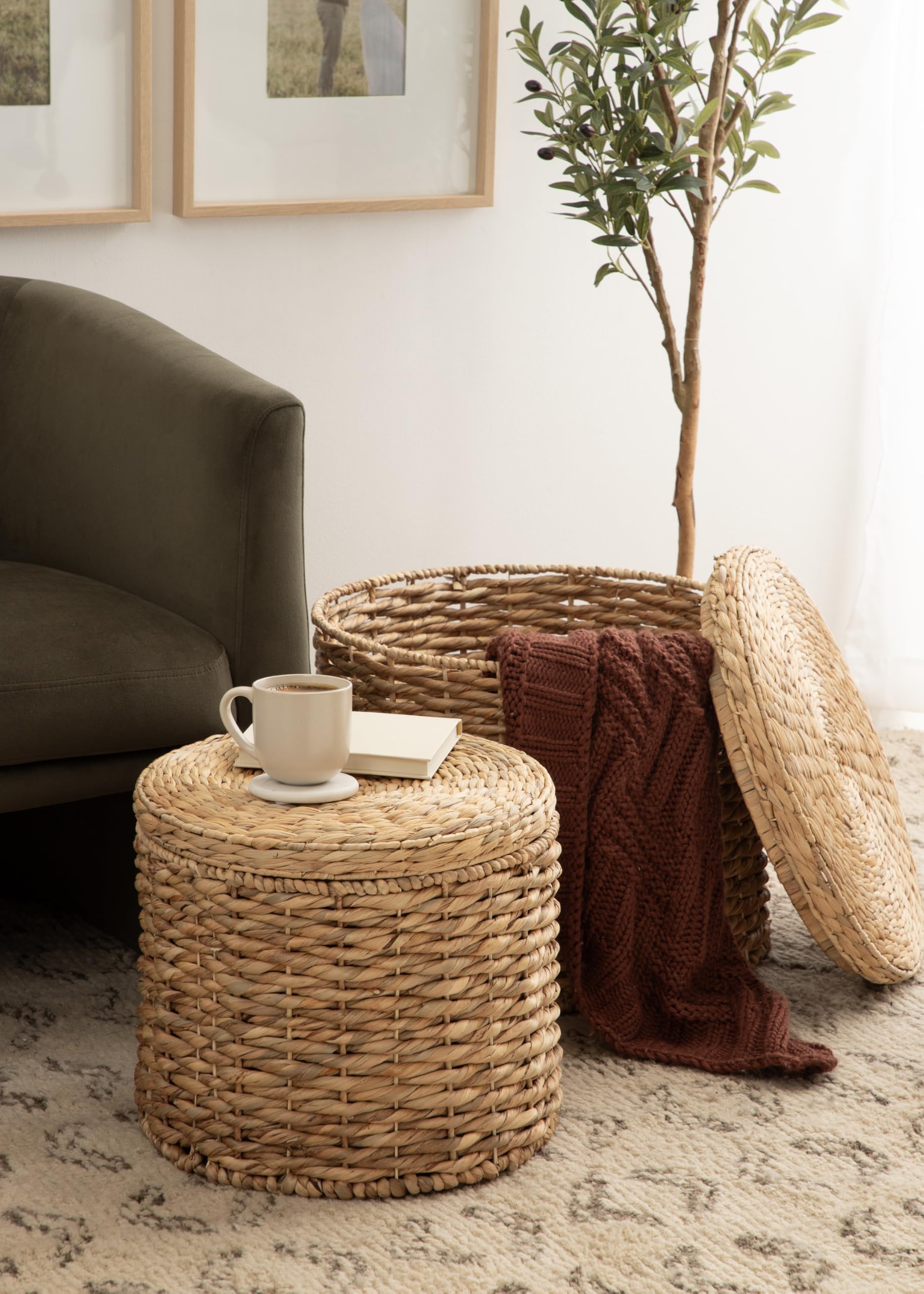 Halm Modern Woven Rattan Round Storage Side Tables, Set of 2, 20 x 17 and 16 x 14